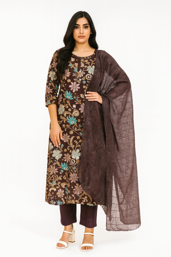 Deep wine floral printed chudidhar set