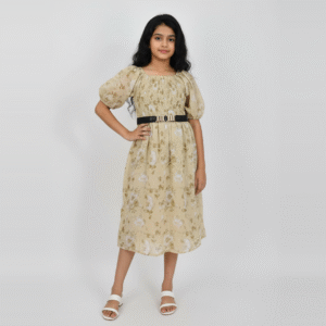 Floral Puff Sleeve Smocked Dress with Belt