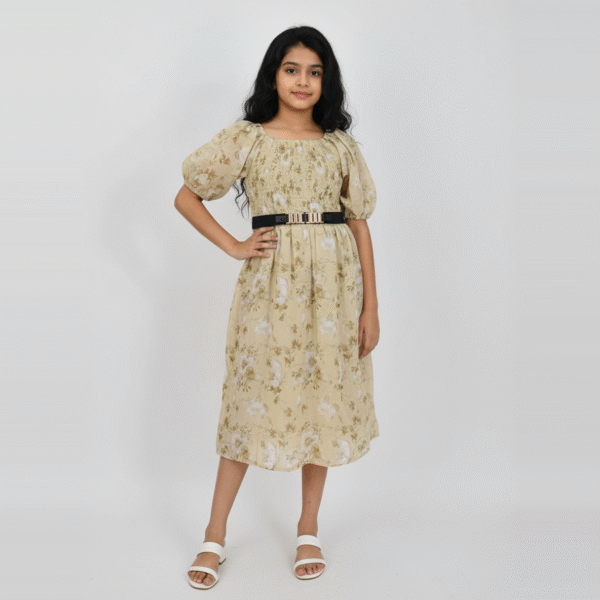 Floral Puff Sleeve Smocked Dress with Belt