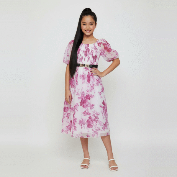 Floral Puff Sleeve Smocked Dress with Belt