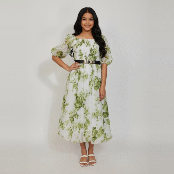 Floral Puff Sleeve Smocked Dress with Belt