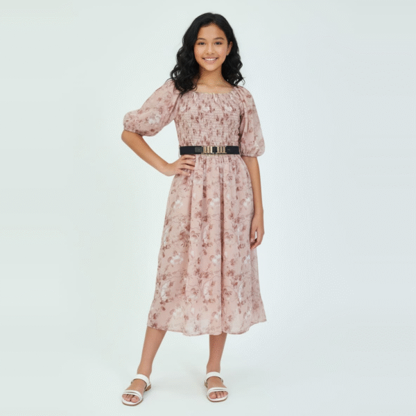 Floral Puff Sleeve Smocked Dress with Belt