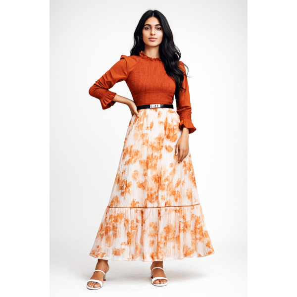 Rust Blossom Pleated Midi Gown