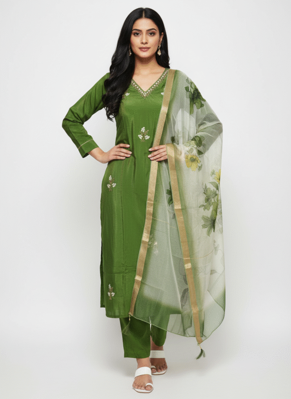 Olive green aari work chudidhar set