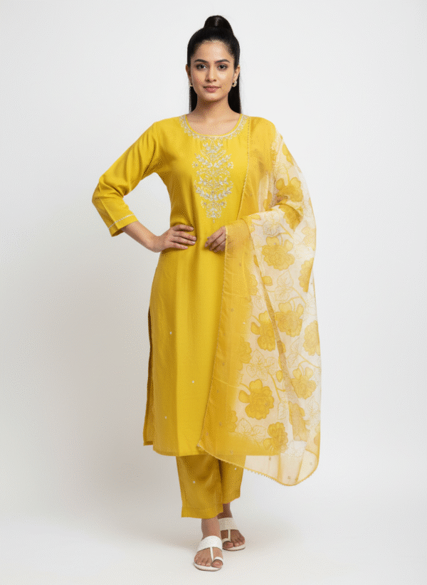 Dark yellow aari work chudidhar set