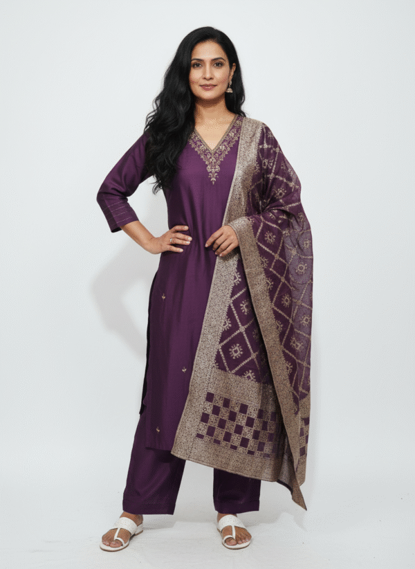 Wine berry aari work chudidhar set