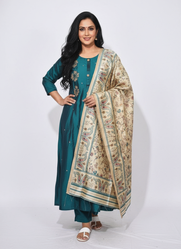 Teal green aari work chudidhar set