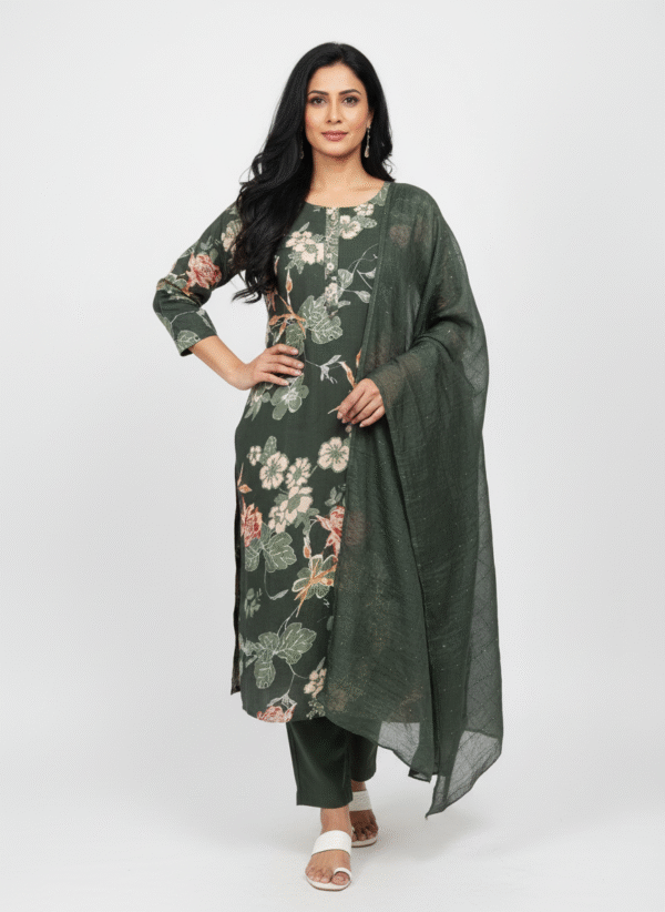 Dark green floral printed chudidhar set