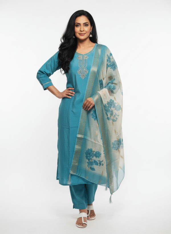 Peacock blue aari work chudidhar set